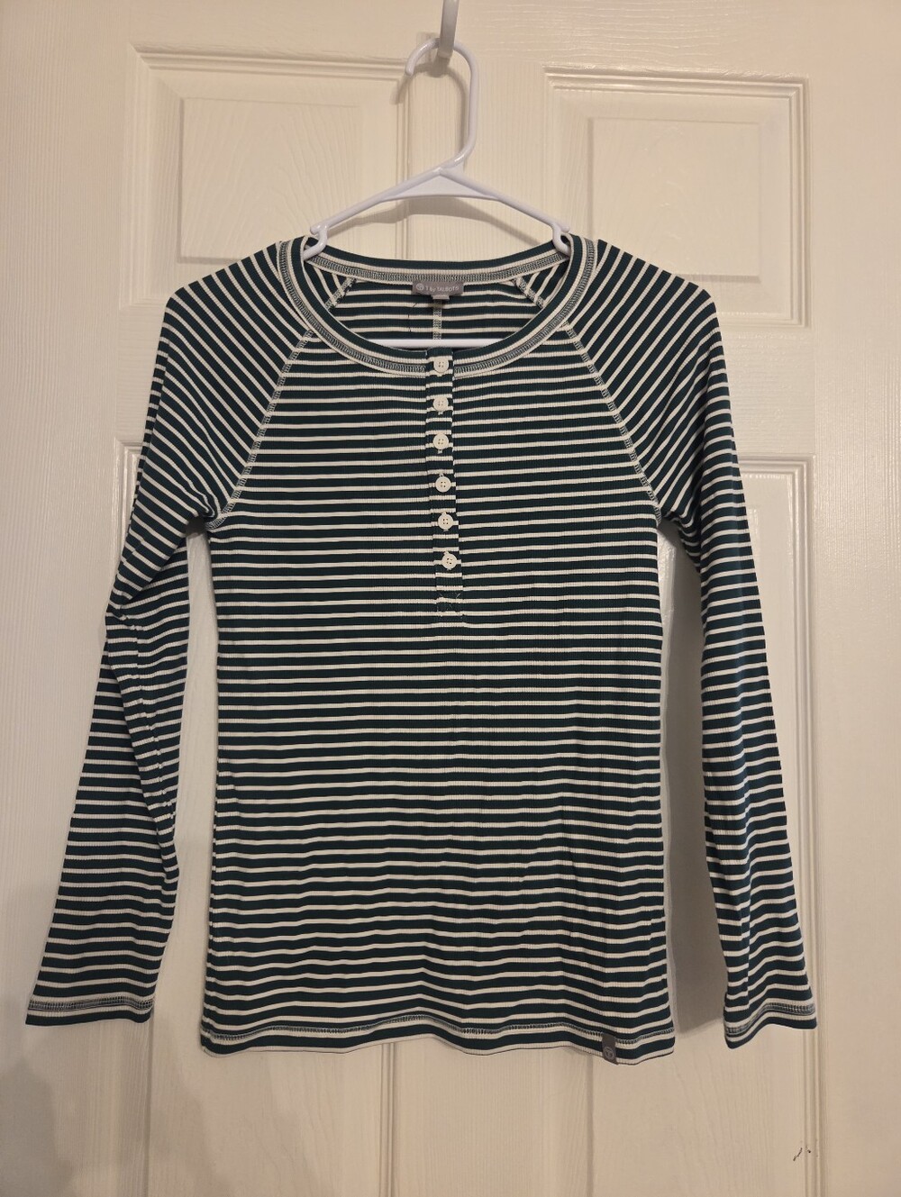 Talbots Striped Long-Sleeve Henley Top - Green/White Petite Small